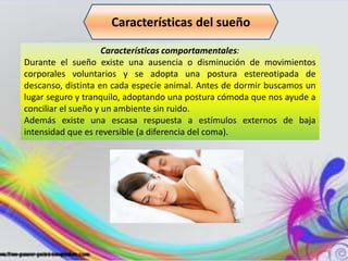 Características comportamentales:
Durante el sueño existe una ausencia o disminución de movimientos
corporales voluntarios y se adopta una postura estereotipada de
descanso, distinta en cada especie animal. Antes de dormir buscamos un
lugar seguro y tranquilo, adoptando una postura cómoda que nos ayude a
conciliar el sueño y un ambiente sin ruido.
Además existe una escasa respuesta a estímulos externos de baja
intensidad que es reversible (a diferencia del coma).
Características del sueño
 
