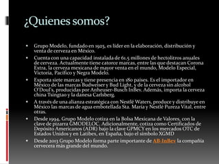 ¿Quienes somos?
 Grupo Modelo, fundado en 1925, es líder en la elaboración, distribución y
venta de cerveza en México.
 Cuenta con una capacidad instalada de 61.5 millones de hectolitros anuales
de cerveza. Actualmente tiene catorce marcas, entre las que destacan Corona
Extra, la cerveza mexicana de mayor venta en el mundo, Modelo Especial,
Victoria, Pacífico y Negra Modelo.
 Exporta siete marcas y tiene presencia en 180 países. Es el importador en
México de las marcas Budweiser y Bud Light, y de la cerveza sin alcohol
O'Doul's, producidas por Anheuser-Busch InBev. Además, importa la cerveza
china Tsingtao y la danesa Carlsberg.
 A través de una alianza estratégica con Nestlé Waters, produce y distribuye en
México las marcas de agua embotellada Sta. María y Nestlé Pureza Vital, entre
otras.
 Desde 1994, Grupo Modelo cotiza en la Bolsa Mexicana de Valores, con la
clave de pizarra GMODELOC. Adicionalmente, cotiza como Certificados de
Depósito Americanos (ADR) bajo la clave GPMCY en los mercados OTC de
Estados Unidos y en Latibex, en España, bajo el símbolo XGMD
 Desde 2013 Grupo Modelo forma parte importante de AB-InBev la compañía
cervecera más grande del mundo.
 
