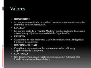 Valores
 HONESTIDAD
 Actuamos con rectitud e integridad, manteniendo un trato equitativo
con todos nuestros semejantes.
 LEALTAD
 Formamos parte de la "Familia Modelo", conduciéndonos de acuerdo
a los valores y objetivo empresarial de la Organización.
 RESPETO
 Guardamos en todo momento la debida consideración a la dignidad
humana y a su entorno.
 RESPONSABILIDAD
 Cumplimos nuestro deber, haciendo nuestras las políticas y
disposiciones de la Empresa.
 CONFIANZA
 Nos desempeñamos con exactitud, puntualidad, y fidelidad para
fortalecer nuestro ambiente laboral.
 