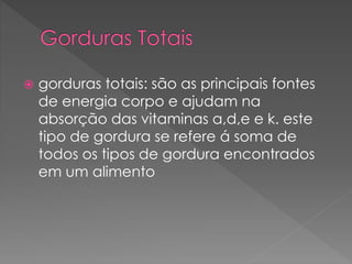  gorduras totais: são as principais fontes 
de energia corpo e ajudam na 
absorção das vitaminas a,d,e e k. este 
tipo de gordura se refere á soma de 
todos os tipos de gordura encontrados 
em um alimento 
 