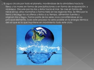 . El agua circula por todo el planeta, moviéndose de la atmósfera hacia la
   tierra y los mares en forma de precipitaciones o en forma de evaporación, y
   viceversa. Discurre por los ríos y éstos hacia el mar. Se cae en forma de
   nieve en las altas montañas o forma hielo en las regiones frías. Se filtra por la
   tierra y recarga los acuíferos y éstos a su tiempo, alimentan fuentes y
   originan ríos y lagos. Forma parte de los seres vivos convirtiéndose en su
   principal elemento. Todo este proceso no sería posible sin la energía térmica
   del sol que es la que mantiene en movimiento todo este ciclo.
 