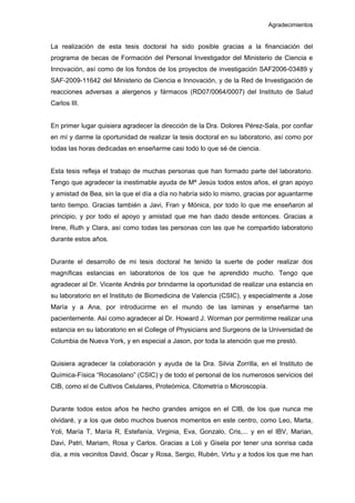 Agradecimientos
La realización de esta tesis doctoral ha sido posible gracias a la financiación del
programa de becas de Formación del Personal Investigador del Ministerio de Ciencia e
Innovación, así como de los fondos de los proyectos de investigación SAF2006-03489 y
SAF-2009-11642 del Ministerio de Ciencia e Innovación, y de la Red de Investigación de
reacciones adversas a alergenos y fármacos (RD07/0064/0007) del Instituto de Salud
Carlos III.
En primer lugar quisiera agradecer la dirección de la Dra. Dolores Pérez-Sala, por confiar
en mí y darme la oportunidad de realizar la tesis doctoral en su laboratorio, así como por
todas las horas dedicadas en enseñarme casi todo lo que sé de ciencia.
Esta tesis refleja el trabajo de muchas personas que han formado parte del laboratorio.
Tengo que agradecer la inestimable ayuda de Mª Jesús todos estos años, el gran apoyo
y amistad de Bea, sin la que el día a día no habría sido lo mismo, gracias por aguantarme
tanto tiempo. Gracias también a Javi, Fran y Mónica, por todo lo que me enseñaron al
principio, y por todo el apoyo y amistad que me han dado desde entonces. Gracias a
Irene, Ruth y Clara, así como todas las personas con las que he compartido laboratorio
durante estos años.
Durante el desarrollo de mi tesis doctoral he tenido la suerte de poder realizar dos
magníficas estancias en laboratorios de los que he aprendido mucho. Tengo que
agradecer al Dr. Vicente Andrés por brindarme la oportunidad de realizar una estancia en
su laboratorio en el Instituto de Biomedicina de Valencia (CSIC), y especialmente a Jose
María y a Ana, por introducirme en el mundo de las laminas y enseñarme tan
pacientemente. Así como agradecer al Dr. Howard J. Worman por permitirme realizar una
estancia en su laboratorio en el College of Physicians and Surgeons de la Universidad de
Columbia de Nueva York, y en especial a Jason, por toda la atención que me prestó.
Quisiera agradecer la colaboración y ayuda de la Dra. Silvia Zorrilla, en el Instituto de
Química-Física “Rocasolano” (CSIC) y de todo el personal de los numerosos servicios del
CIB, como el de Cultivos Celulares, Proteómica, Citometría o Microscopía.
Durante todos estos años he hecho grandes amigos en el CIB, de los que nunca me
olvidaré, y a los que debo muchos buenos momentos en este centro, como Leo, Marta,
Yoli, María T, María R, Estefanía, Virginia, Eva, Gonzalo, Cris,... y en el IBV, Marian,
Davi, Patri, Mariam, Rosa y Carlos. Gracias a Loli y Gisela por tener una sonrisa cada
día, a mis vecinitos David, Óscar y Rosa, Sergio, Rubén, Virtu y a todos los que me han
 