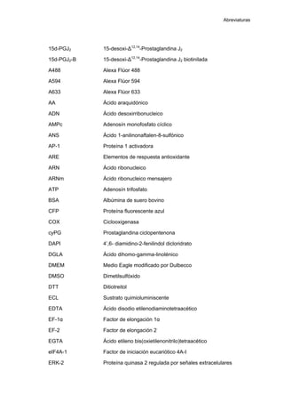 Abreviaturas
15d-PGJ2 15-desoxi-∆12,14
-Prostaglandina J2
15d-PGJ2-B 15-desoxi-∆12,14
-Prostaglandina J2 biotinilada
A488 Alexa Flúor 488
A594 Alexa Flúor 594
A633 Alexa Flúor 633
AA Ácido araquidónico
ADN Ácido desoxirribonucleico
AMPc Adenosín monofosfato cíclico
ANS Ácido 1-anilinonaftalen-8-sulfónico
AP-1 Proteína 1 activadora
ARE Elementos de respuesta antioxidante
ARN Ácido ribonucleico
ARNm Ácido ribonucleico mensajero
ATP Adenosín trifosfato
BSA Albúmina de suero bovino
CFP Proteína fluorescente azul
COX Ciclooxigenasa
cyPG Prostaglandina ciclopentenona
DAPI 4’,6- diamidino-2-fenilindol dicloridrato
DGLA Ácido dihomo-gamma-linolénico
DMEM Medio Eagle modificado por Dulbecco
DMSO Dimetilsulfóxido
DTT Ditiotreitol
ECL Sustrato quimioluminiscente
EDTA Ácido disodio etilenodiaminotetraacético
EF-1α Factor de elongación 1α
EF-2 Factor de elongación 2
EGTA Ácido etileno bis(oxietilenonitrilo)tetraacético
eIF4A-1 Factor de iniciación eucariótico 4A-I
ERK-2 Proteína quinasa 2 regulada por señales extracelulares
 