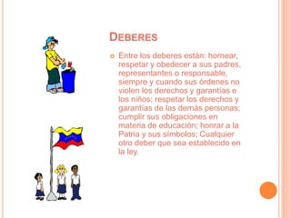 DEBERES
 Entre los deberes están: hornear,
respetar y obedecer a sus padres,
representantes o responsable,
siempre y cuando sus órdenes no
violen los derechos y garantías e
los niños; respetar los derechos y
garantías de las demás personas;
cumplir sus obligaciones en
materia de educación; honrar a la
Patria y sus símbolos; Cualquier
otro deber que sea establecido en
la ley.
 