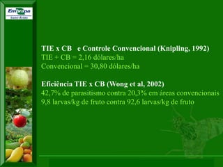 XI SICONBIOL 2009, “Controle biológico de pragas de fruteiras tropicais” 
TIE x CB e Controle Convencional (Knipling, 1992) 
TIE + CB = 2,16 dólares/ha 
Convencional = 30,80 dólares/ha 
Eficiência TIE x CB (Wong et al, 2002) 
42,7% de parasitismo contra 20,3% em áreas convencionais 
9,8 larvas/kg de fruto contra 92,6 larvas/kg de fruto  