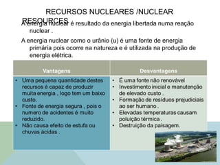 RECURSOS NUCLEARES /NUCLEAR
RESOURCESA energia nuclear é resultado da energia libertada numa reação
nuclear .
A energia nuclear como o urânio (u) é uma fonte de energia
primária pois ocorre na natureza e é utilizada na produção de
energia elétrica.
 