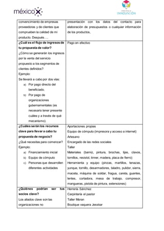 convencimiento de empresas
proveedoras y de clientes que
comprueben la calidad de mi
producto. Después….
presentación con los datos del contacto para
elaboración de presupuestos o cualquier información
de los productos,
¿Cuál es el flujo de ingresos de
tu propuesta de valor?
¿Cómo se generarán los ingresos
por la venta del servicio
propuesto a los segmentos de
clientes definidos?
Ejemplo:
Se llevará a cabo por dos vías:
a) Por pago directo del
beneficiado.
b) Por pago de
organizaciones
gubernamentales (es
necesario tener presente
cuáles y a través de qué
mecanismo).
Pago en efectivo
¿Cuáles serán los recursos
clave para llevar a cabo tu
propuesta de negocio?
¿Qué necesitas para comenzar?
Ejemplo:
a) Financiamiento inicial
b) Equipo de cómputo
c) Personas que desarrollen
diferentes actividades
Aportaciones propias
Equipo de cómputo (impresora y acceso a internet)
Artesano
Encargado de las redes sociales
Taller
Materiales (barniz, pintura, brochas, lijas, clavos,
tornillos, resistol, tinner, madera, placa de fierro)
Herramienta y equipo (pinzas, martillos, tenazas,
yunque, tornillo, desarmadores, taladro, pulidor, sierra,
maceta, máquina de soldar, fragua, careta, guantes,
lentes, cortadora, mesa de trabajo, compresor,
mangueras, pistola de pintura, extensiones)
¿Quiénes podrían ser tus
socios clave?
Los aliados clave son las
organizaciones no
Herrería Sánchez
Carpintería el pastor
Taller Moran
Boutique vaquera Jesskar
 