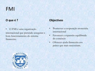 FMI
O que é ?
• O FMI é uma organização
internacional que pretende assegurar o
bom funcionamento do sistema
financeiro.
Objectivos
• Promover a cooperação monetária
internacional
• Favorecer a expansão equilibrada
do comércio
• Oferecer ajuda financeira aos
países que mais necessitam.
 