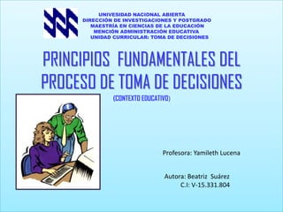 UNIVESIDAD NACIONAL ABIERTA
      DIRECCIÓN DE INVESTIGACIONES Y POSTGRADO
         MAESTRÍA EN CIENCIAS DE LA EDUCACIÓN
          MENCIÓN ADMINISTRACIÓN EDUCATIVA
         UNIDAD CURRICULAR: TOMA DE DECISIONES




PRINCIPIOS FUNDAMENTALES DEL
PROCESO DE TOMA DE DECISIONES
               (CONTEXTO EDUCATIVO)




                                Profesora: Yamileth Lucena


                                Autora: Beatriz Suárez
                                     C.I: V-15.331.804
 