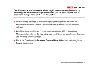 Das Multiprovidermanagement ist ein strategisches und zeitstabiles Asset zur
Steuerung des Betriebs im Multiproviderumfeld und zur Stärkung des SBB IT
Operations Managements als Service Integrator


  In der Sourcing Strategie wurde das Multiprovidermanagement als intern zu
  erbringendes strategisches und zeitstabiles Asset der Multisourcing Landschaft
  definiert.

  Zur effizienten und effektiven Providersteuerung soll das SBB IT Operations
  Management als interner Service Integrator gestärkt und die bestehenden Strukturen
  und Prozesse optimiert werden.
  Ziel ist die Erreichung der Prozess-, Tool- und Datenhoheit durch ein integriertes
  Service Management




                                                         SBB-IT: Erfolg durch integriertes Service-Management   12
 