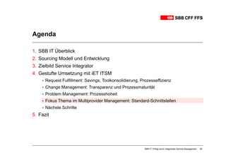 Agenda

1. SBB IT Überblick
2. Sourcing Modell und Entwicklung
3. Zielbild Service Integrator
4. Gestufte Umsetzung mit iET ITSM
    ▪ Request Fulfillment: Savings, Toolkonsolidierung, Prozesseffizienz
    ▪ Change Management: Transparenz und Prozessmaturität
    ▪ Problem Management: Prozesshoheit
    ▪ Fokus Thema im Multiprovider Management: Standard-Schnittstellen
    ▪ Nächste Schritte
5. Fazit




                                                          SBB-IT: Erfolg durch integriertes Service-Management   28
 