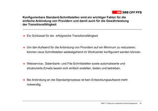 Konfigurierbare Standard-Schnittstellen sind ein wichtiger Faktor für die
einfache Anbindung von Providern und damit auch für die Gewährleistung
der Transitionsfähigkeit


  Ein Schlüssel für die erfolgreiche Transitionsfähigkeit


  Um den Aufwand für die Anbindung von Providern auf ein Minimum zu reduzieren,
  können neue Schnittstellen weitestgehend im Workcenter konfiguriert werden können.


  Webservice-, Datenbank- und File-Schnittstellen sowie automatisierte und
  strukturierte Emails lassen sich einfach erstellen, testen und betreiben.


  Bei Anbindung an die Standardprozesse ist kein Entwicklungsaufwand mehr
  notwendig.




                                                            SBB-IT: Erfolg durch integriertes Service-Management   29
 