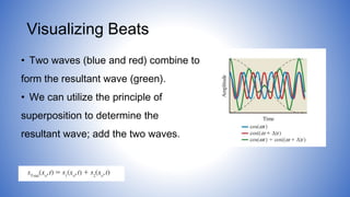 Visualizing Beats
• Two waves (blue and red) combine to
form the resultant wave (green).
• We can utilize the principle of
superposition to determine the
resultant wave; add the two waves.
 