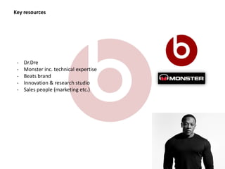 Key resources
- Dr.Dre
- Monster inc. technical expertise
- Beats brand
- Innovation & research studio
- Sales people (marketing etc.)
 