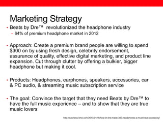 Marketing Strategy
• Beats by Dre™ revolutionized the headphone industry
• 64% of premium headphone market in 2012
• Appro...