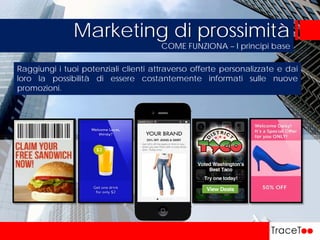 COME FUNZIONA – I principi base
Marketing di prossimità
Raggiungi i tuoi potenziali clienti attraverso offerte personalizzate e dai
loro la possibilità di essere costantemente informati sulle nuove
promozioni.
 