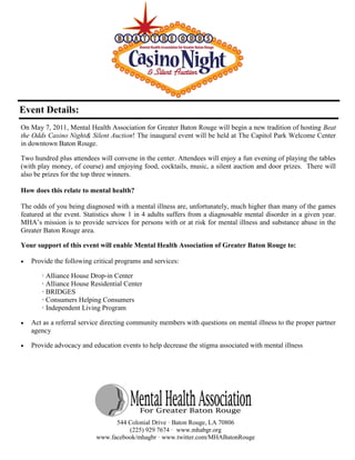 Event Details:
On May 7, 2011, Mental Health Association for Greater Baton Rouge will begin a new tradition of hosting Beat
the Odds Casino Night& Silent Auction! The inaugural event will be held at The Capitol Park Welcome Center
in downtown Baton Rouge.

Two hundred plus attendees will convene in the center. Attendees will enjoy a fun evening of playing the tables
(with play money, of course) and enjoying food, cocktails, music, a silent auction and door prizes. There will
also be prizes for the top three winners.

How does this relate to mental health?

The odds of you being diagnosed with a mental illness are, unfortunately, much higher than many of the games
featured at the event. Statistics show 1 in 4 adults suffers from a diagnosable mental disorder in a given year.
MHA’s mission is to provide services for persons with or at risk for mental illness and substance abuse in the
Greater Baton Rouge area.

Your support of this event will enable Mental Health Association of Greater Baton Rouge to:

   Provide the following critical programs and services:

       · Alliance House Drop-in Center
       · Alliance House Residential Center
       · BRIDGES
       · Consumers Helping Consumers
       · Independent Living Program

   Act as a referral service directing community members with questions on mental illness to the proper partner
    agency

   Provide advocacy and education events to help decrease the stigma associated with mental illness




                                 544 Colonial Drive · Baton Rouge, LA 70806
                                     (225) 929 7674 · www.mhabgr.org
                           www.facebook/mhagbr · www.twitter.com/MHABatonRouge
 