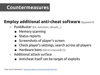 Countermeasures
Employ additional anti-cheat software (Spyware?!)
○ PunkBuster (EA, Activision, Ubisoft,...)
■ Memory scan...