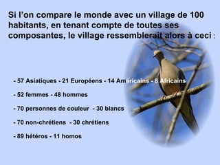 Si l’on compare le monde avec un village de  100 habitants, en tenant compte de toutes ses composantes, le village  ressemblerait alors à ceci  :   - 57 Asiatiques - 21 Européens - 14 Am éricains - 8 Africains - 52 femmes - 48 hommes  - 70 personnes de couleur  - 30 blancs  - 70 non-chrétiens  - 30 chrétiens  - 89 hétéros - 11 homos  