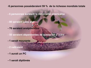 6 personnes possèderaient 59 %  de la richesse mondiale totale  - 6 personnes auraient la nationalité américaine   - 80 seraient sans abri   - 70 seraient analphabètes  - 50 seraient dépendantes de quelqu’un d’autre   - 1 serait mourante - 2 naîtraient   - 1 aurait un PC  - 1 serait diplômée   