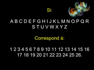 Si:
A B C D E F G H I J K L M N O P Q R
S T U V W X Y Z
Correspond à:
1 2 3 4 5 6 7 8 9 10 11 12 13 14 15 16
17 18 19 20 21 22 23 24 25 26.
 