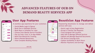 A seamless app experience for your customers.
Social Media Login & Signup
Book One or Multiple Services
Book Now or Schedule for Later
Choose from Nearby Service Providers
Pay via Cash, Card, or In-App Wallet
Real-Time Beautician Tracking
Rate & Review Beauticians
View Complete Booking History
ADVANCED FEATURES OF OUR ON
DEMAND BEAUTY SERVICES APP
User App Features Beautician App Features
Empowering beauticians to manage and deliver
services with ease.
Quick Login & Easy Registration
Accept or Decline Job Requests
Track Assigned Job Location
Add, Edit & Manage Offered Services
Upload and Manage Required Documents
Set Service Coverage Area
Update Availability & Work Hours
Monitor Payments and Earnings
 