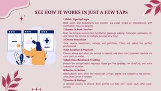 SEE HOW IT WORKS IN JUST A FEW TAPS
1.Quick Sign-Up/Login
Both users and beauticians can register via social media or phone/email. OTP
verification ensures security.
2.Browse & Book Services
User can browse services like hairstyling, massage, waxing, manicures, pedicures, etc
and select the service or multiple services at a time.
3.Choose Beautician
View nearby beauticians, ratings, and portfolios. Filter and select the perfect
professional.
4.Set Location & Payment
Choose where and when the service is needed, and then select payment method via
cash, card, or wallet.
5.Real-Time Booking & Tracking
Beauticians accept/reject requests. Users get live updates, can chat/call, and track
beautician location.
6.Service in Action
Notifications alert when the beautician arrives, starts, and completes the service—
with photo proof if needed.
7.Invoice & Ratings
A detailed invoice is shared. Both parties can rate and review each other post-
service.
 