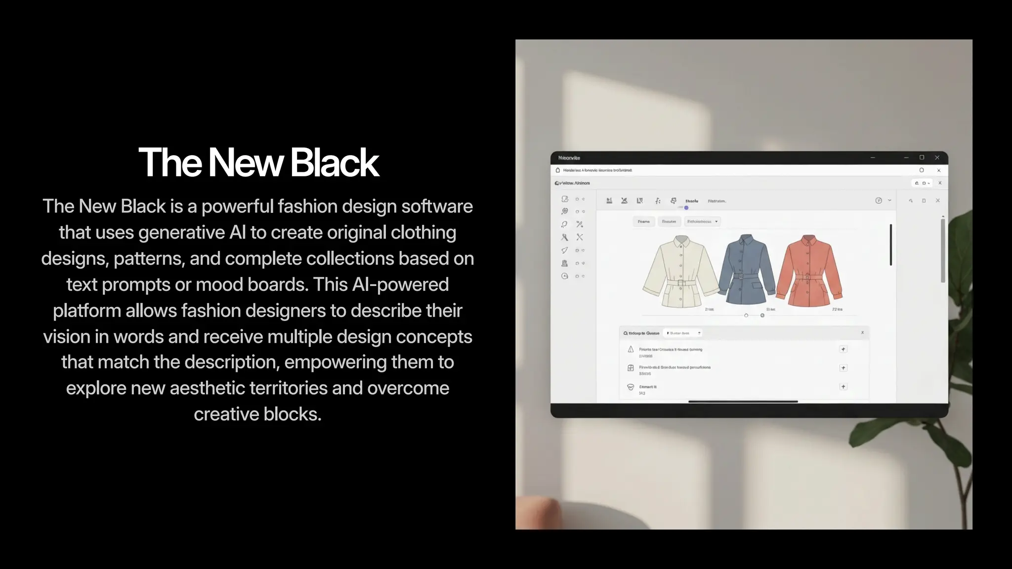 TheNewBlack
The New Black is a powerful fashion design software
that uses generative AI to create original clothing
designs, patterns, and complete collections based on
text prompts or mood boards. This AI-powered
platform allows fashion designers to describe their
vision in words and receive multiple design concepts
that match the description, empowering them to
explore new aesthetic territories and overcome
creative blocks.
 