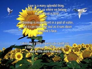 Love is a many splendid thing. Love lifts us up where we belong. All you need is love! A teardrop is insignificant in a pool of water, but it can touch the soul as it runs down someone’s face. I miss you a little, I guess you could say, a little too much, a little too often, and a little more each day. 