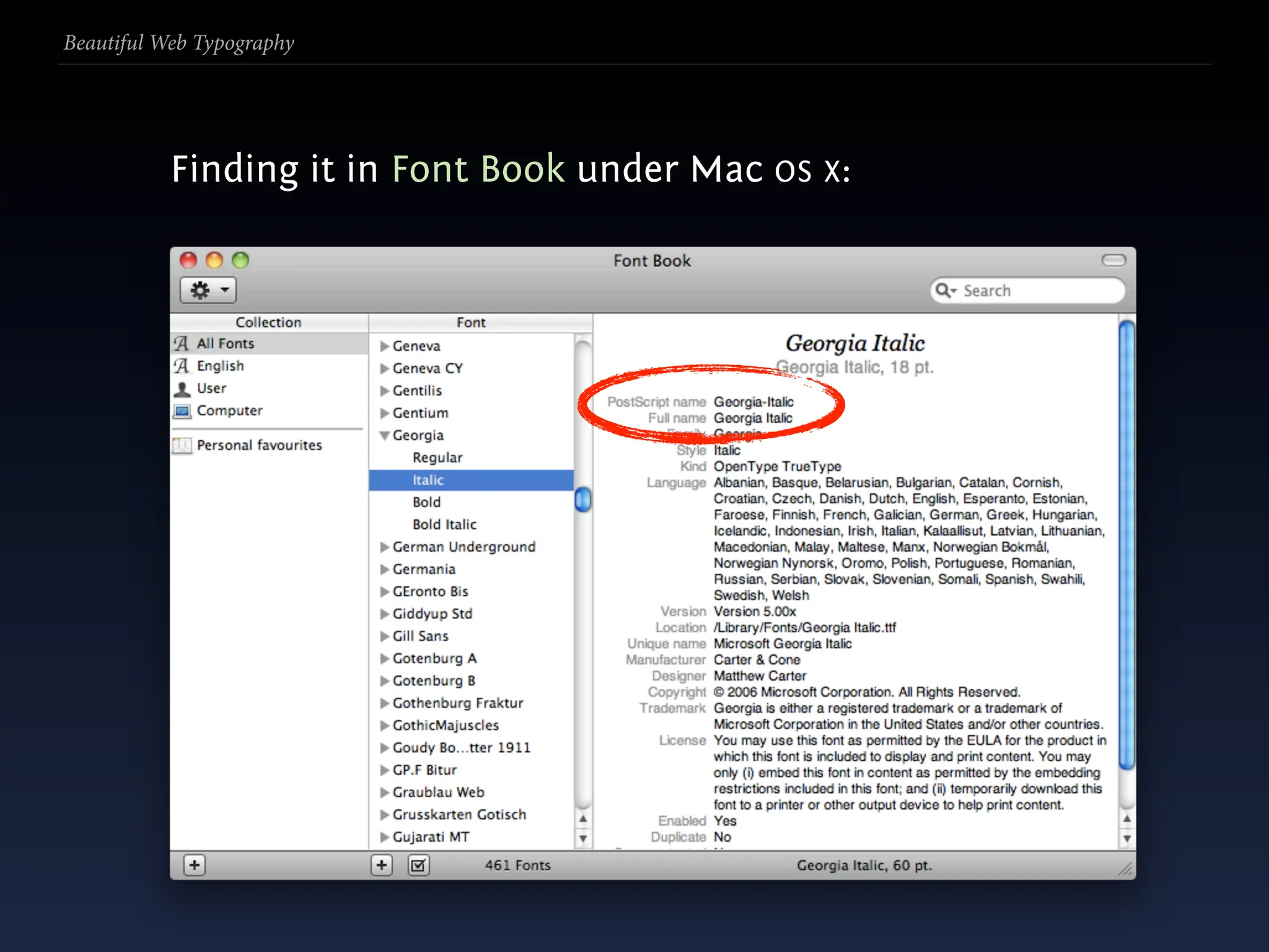 Beautiful Web Typography




           Finding it in Font Book under Mac OS X:
 