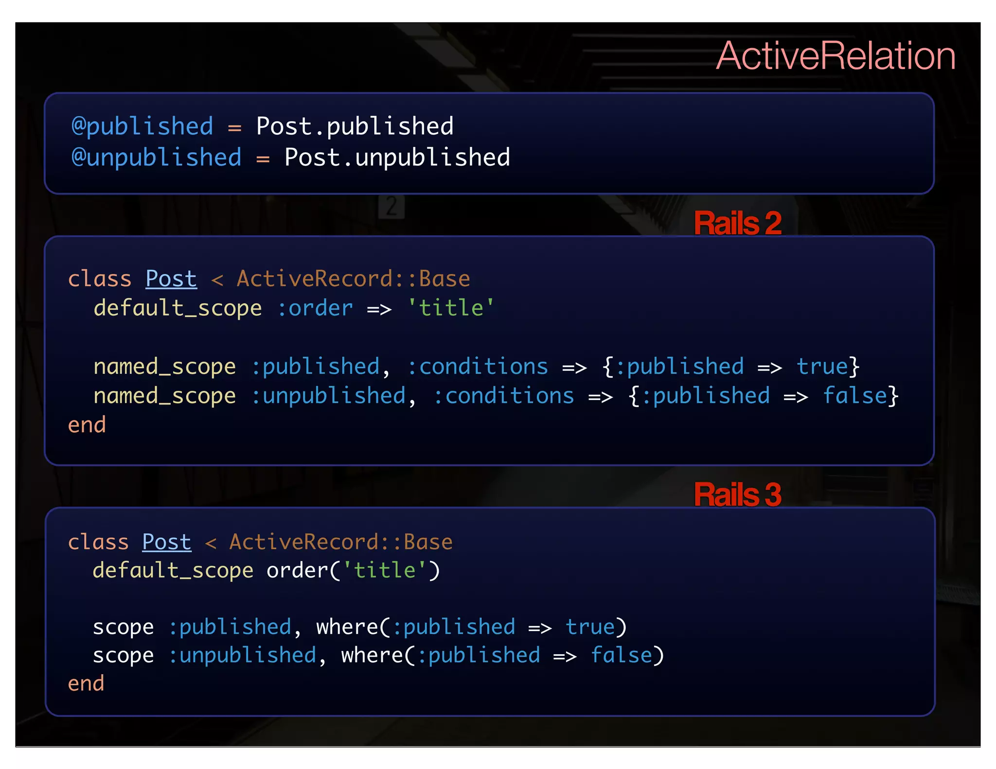 ActiveRelation
@published = Post.published
@unpublished = Post.unpublished

                                                   Rails 2
class Post < ActiveRecord::Base
  default_scope :order => 'title'

  named_scope :published, :conditions => {:published => true}
  named_scope :unpublished, :conditions => {:published => false}
end


                                                   Rails 3
class Post < ActiveRecord::Base
  default_scope order('title')

  scope :published, where(:published => true)
  scope :unpublished, where(:published => false)
end
 