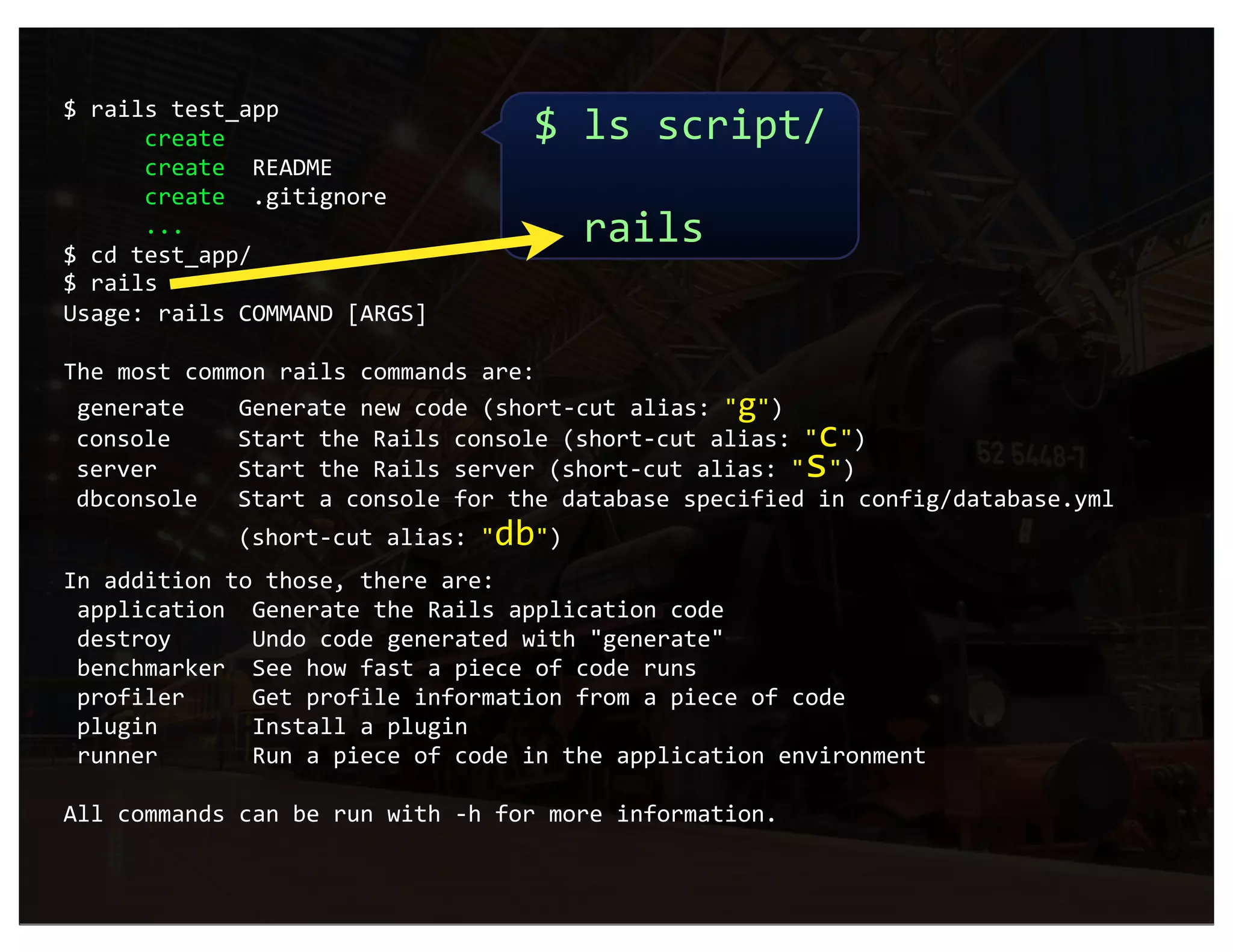 $ rails test_app
      create                      $ ls script/
      create  README
      create  .gitignore
                                    
      ...
$ cd test_app/
                                    rails
$ rails
Usage: rails COMMAND [ARGS]

The most common rails commands are:
 generate    Generate new code (short‐cut alias: "g")
                                                        c
 console     Start the Rails console (short‐cut alias: " ")
                                                        s
 server      Start the Rails server (short‐cut alias: " ")
 dbconsole   Start a console for the database specified in config/database.yml
            (short‐cut alias: "db")
In addition to those, there are:
 application  Generate the Rails application code
 destroy      Undo code generated with "generate"
 benchmarker  See how fast a piece of code runs
 profiler     Get profile information from a piece of code
 plugin       Install a plugin
 runner       Run a piece of code in the application environment

All commands can be run with ‐h for more information.
 