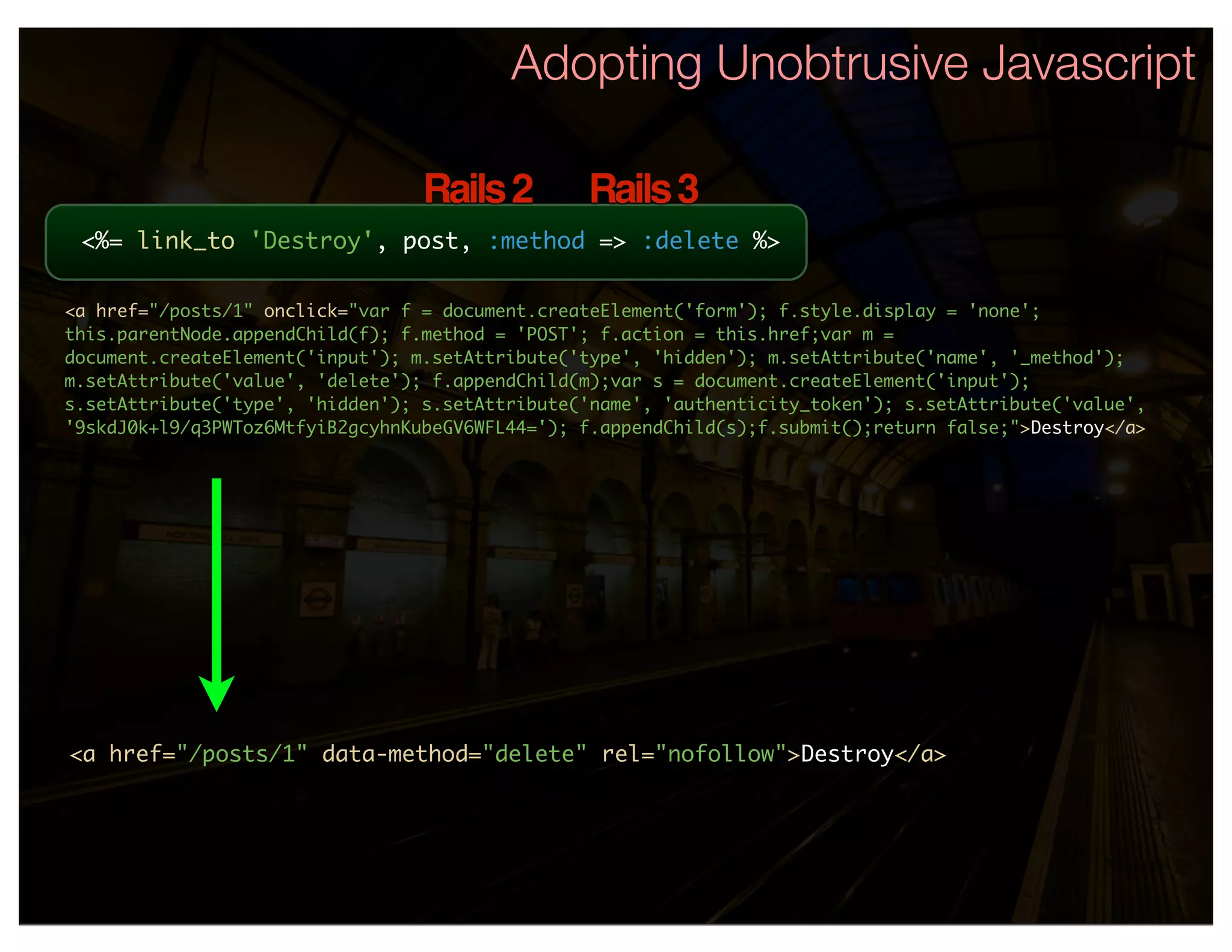 Adopting Unobtrusive Javascript

                                  Rails 2        Rails 3
 <%= link_to 'Destroy', post, :method => :delete %>

<a href="/posts/1" onclick="var f = document.createElement('form'); f.style.display = 'none';
this.parentNode.appendChild(f); f.method = 'POST'; f.action = this.href;var m =
document.createElement('input'); m.setAttribute('type', 'hidden'); m.setAttribute('name', '_method');
m.setAttribute('value', 'delete'); f.appendChild(m);var s = document.createElement('input');
s.setAttribute('type', 'hidden'); s.setAttribute('name', 'authenticity_token'); s.setAttribute('value',
'9skdJ0k+l9/q3PWToz6MtfyiB2gcyhnKubeGV6WFL44='); f.appendChild(s);f.submit();return false;">Destroy</a>




<a href="/posts/1" data-method="delete" rel="nofollow">Destroy</a>
 
