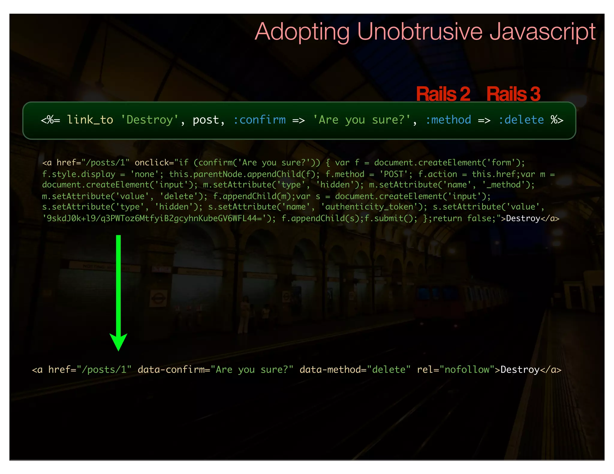 Adopting Unobtrusive Javascript

                                                                             Rails 2 Rails 3
 <%= link_to 'Destroy', post, :confirm => 'Are you sure?', :method => :delete %>


 <a href="/posts/1" onclick="if (confirm('Are you sure?')) { var f = document.createElement('form');
 f.style.display = 'none'; this.parentNode.appendChild(f); f.method = 'POST'; f.action = this.href;var m =
 document.createElement('input'); m.setAttribute('type', 'hidden'); m.setAttribute('name', '_method');
 m.setAttribute('value', 'delete'); f.appendChild(m);var s = document.createElement('input');
 s.setAttribute('type', 'hidden'); s.setAttribute('name', 'authenticity_token'); s.setAttribute('value',
 '9skdJ0k+l9/q3PWToz6MtfyiB2gcyhnKubeGV6WFL44='); f.appendChild(s);f.submit(); };return false;">Destroy</a>




<a href="/posts/1" data-confirm="Are you sure?" data-method="delete" rel="nofollow">Destroy</a>
 