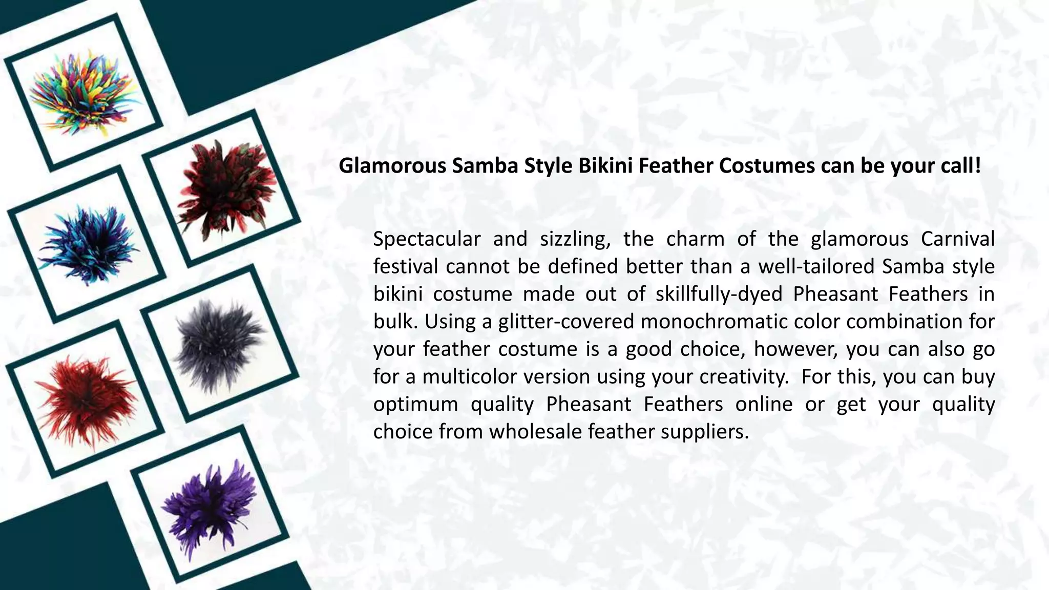 Glamorous Samba Style Bikini Feather Costumes can be your call!
Spectacular and sizzling, the charm of the glamorous Carnival
festival cannot be defined better than a well-tailored Samba style
bikini costume made out of skillfully-dyed Pheasant Feathers in
bulk. Using a glitter-covered monochromatic color combination for
your feather costume is a good choice, however, you can also go
for a multicolor version using your creativity. For this, you can buy
optimum quality Pheasant Feathers online or get your quality
choice from wholesale feather suppliers.
 