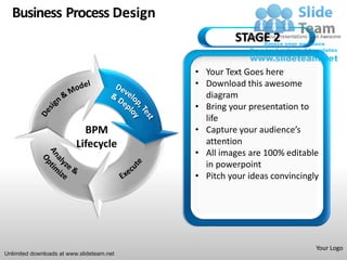 Business Process Design
                                                     STAGE 2

                                           • Your Text Goes here
                                           • Download this awesome
                                             diagram
                                           • Bring your presentation to
                                             life
                            BPM            • Capture your audience’s
                          Lifecycle          attention
                                           • All images are 100% editable
                                             in powerpoint
                                           • Pitch your ideas convincingly




                                                                         Your Logo
Unlimited downloads at www.slideteam.net
 