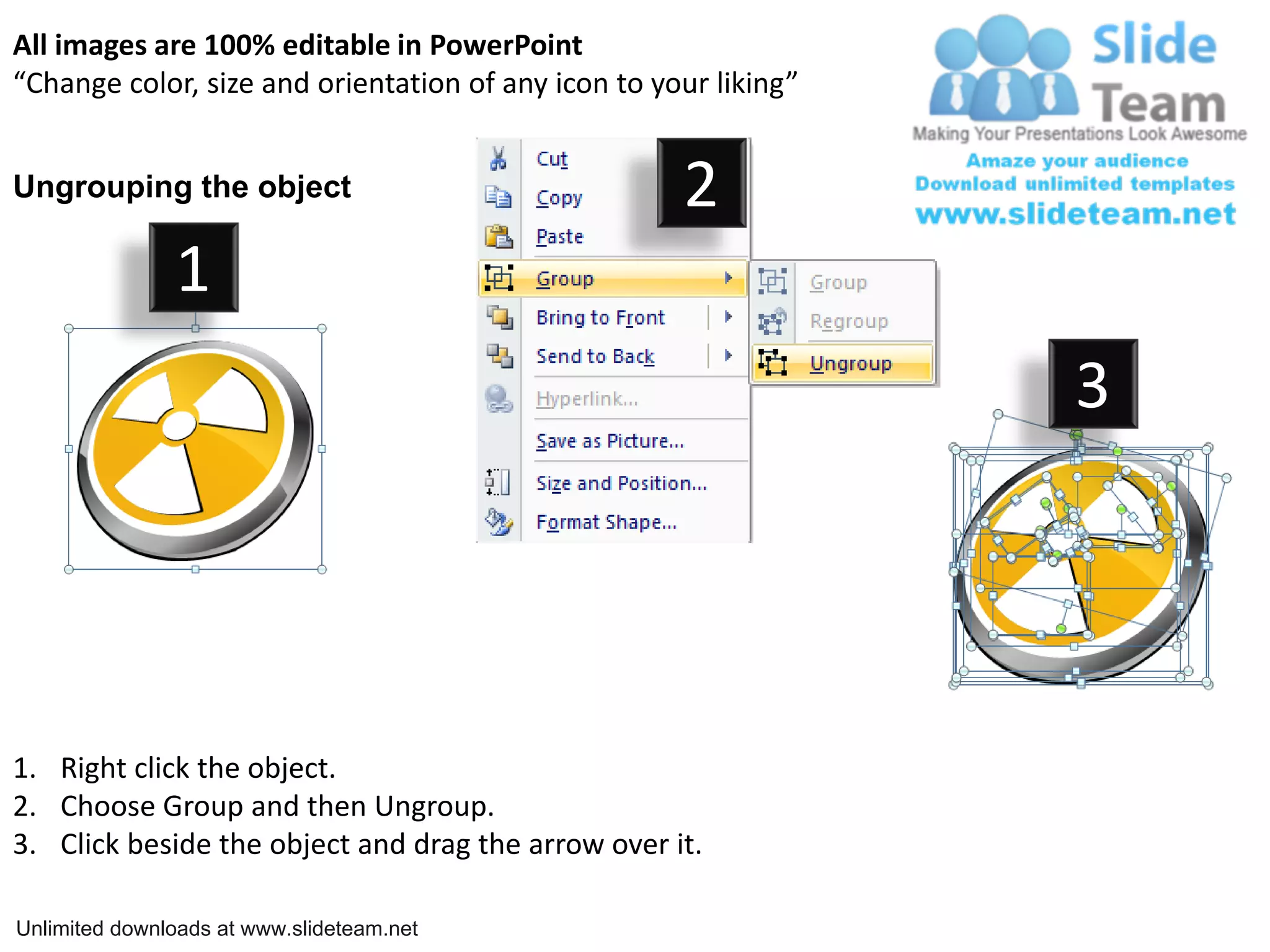 All images are 100% editable in PowerPoint
“Change color, size and orientation of any icon to your liking”
Ungrouping the object 2
1
3
1. Right click the object.
2. Choose Group and then Ungroup.
3. Click beside the object and drag the arrow over it.
Unlimited downloads at www.slideteam.net