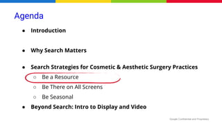 Google Confidential and Proprietary
Agenda
● Introduction
● Why Search Matters
● Search Strategies for Cosmetic & Aesthetic Surgery Practices
○ Be a Resource
○ Be There on All Screens
○ Be Seasonal
● Beyond Search: Intro to Display and Video
 