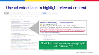 Google Confidential and Proprietary
Use ad extensions to highlight relevant content
Sitelink extensions see an average uplift
of 10-20% in CTR
 