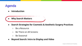 Google Confidential and Proprietary
● Introduction
● Why Search Matters
● Search Strategies for Cosmetic & Aesthetic Surgery Practices
○ Be a Resource
○ Be There on All Screens
○ Be Seasonal
● Beyond Search: Intro to Display and Video
Agenda
 