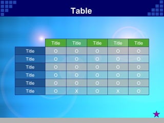 Table O O O O O Title O O O O O Title O X O X O Title O O O O O Title O O O O O Title O O O O O Title Title Title Title Title Title 