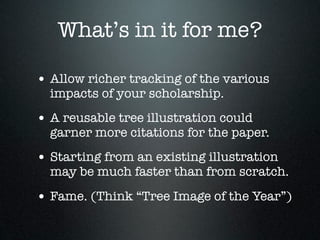 What’s in it for me?

• Allow richer tracking of the various
  impacts of your scholarship.
• A reusable tree illustration...