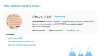 Кейс “Визажист Олеся Гойхман"
Ссылки:
https://vk.com/vizaj34
https://www.instagram.com/olesya_vizaj/
https://www.facebook.com/olesya.goihman/
 