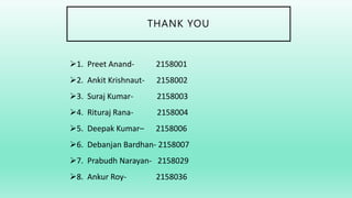 THANK YOU
1. Preet Anand- 2158001
2. Ankit Krishnaut- 2158002
3. Suraj Kumar- 2158003
4. Rituraj Rana- 2158004
5. Deepak Kumar– 2158006
6. Debanjan Bardhan- 2158007
7. Prabudh Narayan- 2158029
8. Ankur Roy- 2158036
 