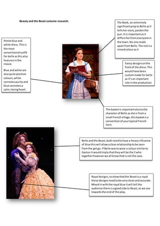 Beauty and the Beast costume research.
BE
Petite blue and
white dress.Thisis
the most
conventional outfit
for belle asthisalso
featuresinthe
movie.
Blue andwhite are
alsoquite positive
colours,white
connotespurityand
blue connotesa
calm,lovingheart.
Fancy designsonthe
frontof the dress.This
wouldhave been
custommade for belle
as it’san important
role inthe production.
The Book, an extremely
significantproptoBelle asit
tellsherstory,pardonthe
pun.It is importantasit
differsherfromeveryonein
the town.No one reads
apart fromBelle.The redisa
mixedcolourasit
The basketis importantalsotothe
character of Belle asshe is froma
small Frenchvillage,thisbasketisa
conventionof yourtypical French
item.
Belle andthe Beast, bothneedtohave a heavyinfluence
of blue thiswill allow aclearrelationshiptobe seen
fromthe getgo. If Belle wastowear a coloursimilarto
Gaston itwouldimply thatthey will be the 2 who
togetherhoweverwe all know thatisnot the case.
Royal designs,toshow thatthe Beastisa royal
these designsneedtobe verycleanandaccurate.
Mixedinwiththe royal blue itwill tell the
audience there isagoodside to Beast,as we see
towardsthe endof the play.
 