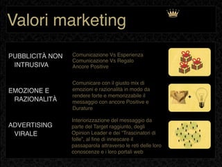 Valori marketing
PUBBLICITÀ NON   Comunicazione Vs Esperienza
                 Comunicazione Vs Regalo
 INTRUSIVA       Ancore Positive


                 Comunicare con il giusto mix di
EMOZIONE E       emozioni e razionalità in modo da
                 rendere forte e memorizzabile il
 RAZIONALITÀ     messaggio con ancore Positive e
                 Durature

                 Interiorizzazione del messaggio da
ADVERTISING      parte del Target raggiunto, degli
 VIRALE          Opinion Leader e dei “Trascinatori di
                 folle”, al ﬁne di innescare il
                 passaparola attraverso le reti delle loro
                 conoscenze e i loro portali web
 