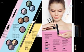 01
02
03
01
02
03
04
05
06
08
07
58 59
	 	 10001-101 Soft Snow
		 10001-	 2 Dark Coal
		 10001-104 Cold Blue
		 10001-105 Soft Ashes
		 10001-	 6 Olive Green
		 10001-107 Dark Hazel
1,1 g
10.00 €
| MAQUILLAJE
01 | 10420-1 	 Mint ’n’ Pine Green
02 | 10420-3 	 Sky ’n’ Water
03 | 10420-4 	 Rose ’n’ Grey
04 | 10420-6 	 Taupe ’n’ Bronze
05 | 10420-7 	 Cashmere ’n’ Copper
06 | 10420-8 	 Mauve ’n’ Plum
07 | 10420-9 	 Gold ’n’ Bronze
08 | 10420-10 	Vintage Rose ’n’ Grape
		 10005-1 Absolute Black
		 10005-2 Dark Brown
2,5 ml
11.50 €
		 10006-1 Cashmere Creme
		 10006-2 Cashmere Brown
4,9 g  1,3 g
12.50 €
10004
2 x 4,6 g
12.50 €
2 x 1,25 g
12.90 €
10002-1 Absolute Black
10002-4 Dark Brown
10002-5 Night Blue
	 	 10001-101 Soft Snow
		 10001-	 2 Dark Coal
		 10001-104 Cold Blue
		 10001-105 Soft Ashes
		 10001-	 6 Olive Green
		 10001-107 Dark Hazel
10266 Absolute Black10179 Absolute Black
10 ml
15.00 €
11 ml
15.00 €
7 ml
15.00 €
¡Conviérteteenel
puntodemira!
Liquid Eyeliner,
Delineador de ojos líquido
• Cubre con color de forma
intensa
• Para unas líneas rectas y
precisas
• Secado rápido y larga duración
• Agitar antes de usar
Eyebrow Double Pencil. Lápiz
para las cejas con dos puntas
• Acentúa las cejas de forma natural
y expresiva
• Lado fino: para rellenar y definir
• Lado grueso: para delinear y
pintar
CONSEJO: ¡Idóneo también
como sombra de ojos!
Delineador aclarador de
párpados con 2 puntas para
día y noche
• 2 puntas para día y noche
• Rosa para el día
• Blanco brillante para la noche
• Ojos espectaculares
• Aplicar directamente debajo de
las cejas
Sombra de ojos
• Colores impactantes en dúo
• Colores brillantes y variados con
intensidad luminosa
impresionante.
• Textura en polvo suave con
elementos reflectantes de luz
• Con minerales y
• Phycocorail
• Libre de talco
01 | Volume  Curl Mascara,
Máscara Volumen y movimiento
• Logra un volumen extraordinario
en tus pestañas
• Con cepillito ondulado que separa
las pestañas y proporciona una
curvatura fabulosa
• Indicado para ojos sensibles y
usuarias de lentillas
02 | Extreme Volume Máscara
• Mirada sensacional e intensa, con
un efecto de volumen máximo
• Una combinación de ceras
seleccionadas mantiene las
pestañas suaves y flexibles y ayuda
a aumentar la densidad de las
pestañas de manera intensiva
• Forma de pincel cónico para un
efecto „ojo grande“
03 | Máscara waterproof
Volumen  Definición
• Pestañas perfectamente definidas,
ópticamente más largas
• Les da más volumen
• Resistente al agua
• Después de su aplicación las pestañas
parecen más largas y están separadas
de manera óptima
Lápiz de ojos Kajal
• Color intenso, altamente
pigmentado
• Aplicación fácil, también en el borde
del ojo
• Fijación especialmente larga
• Idóneo para contornos y bordes
 