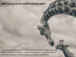 Who can succeed in wildlife photography?

If you have immense love for wildlife and photography, you can combine
them to make it a profession. Wildlife photography is a great profession
from the perspective of financial gains as well job satisfaction.

 