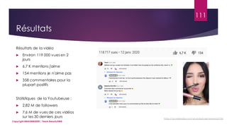 111
Copyright MBADMB2020 / Team BeautyDMB
Résultats
Résultats de la vidéo
 Environ 119 000 vues en 2
jours
 6,7 K mentions j'aime
 154 mentions je n'aime pas
 358 commentaires pour la
plupart positifs
Statistiques de la Youtubeuse :
 2,82 M de followers
 7,6 M de vues de ces vidéos
sur les 30 derniers jours https://socialblade.com/youtube/user/sananas2106
 