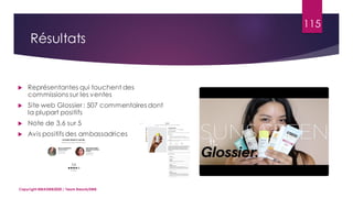 115
 Représentantes qui touchent des
commissions sur les ventes
 Site web Glossier : 507 commentaires dont
la plupart positifs
 Note de 3,6 sur 5
 Avis positifs des ambassadrices
Copyright MBADMB2020 / Team BeautyDMB
Résultats
 